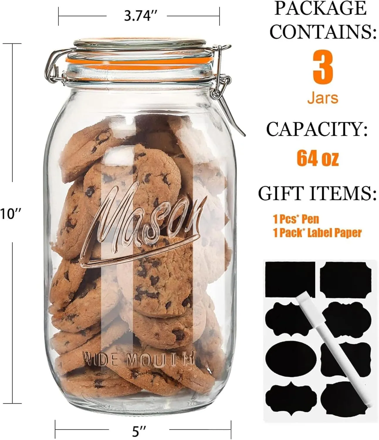 Wide Mouth Mason Jars 64 oz 3 Pack Half Gallon Glass Jar with Airtight Lids, Large Mason Jar with Scale Mark Food Storage Canning Jars for Pickling Flour Sugar Pasta Oats Cereal