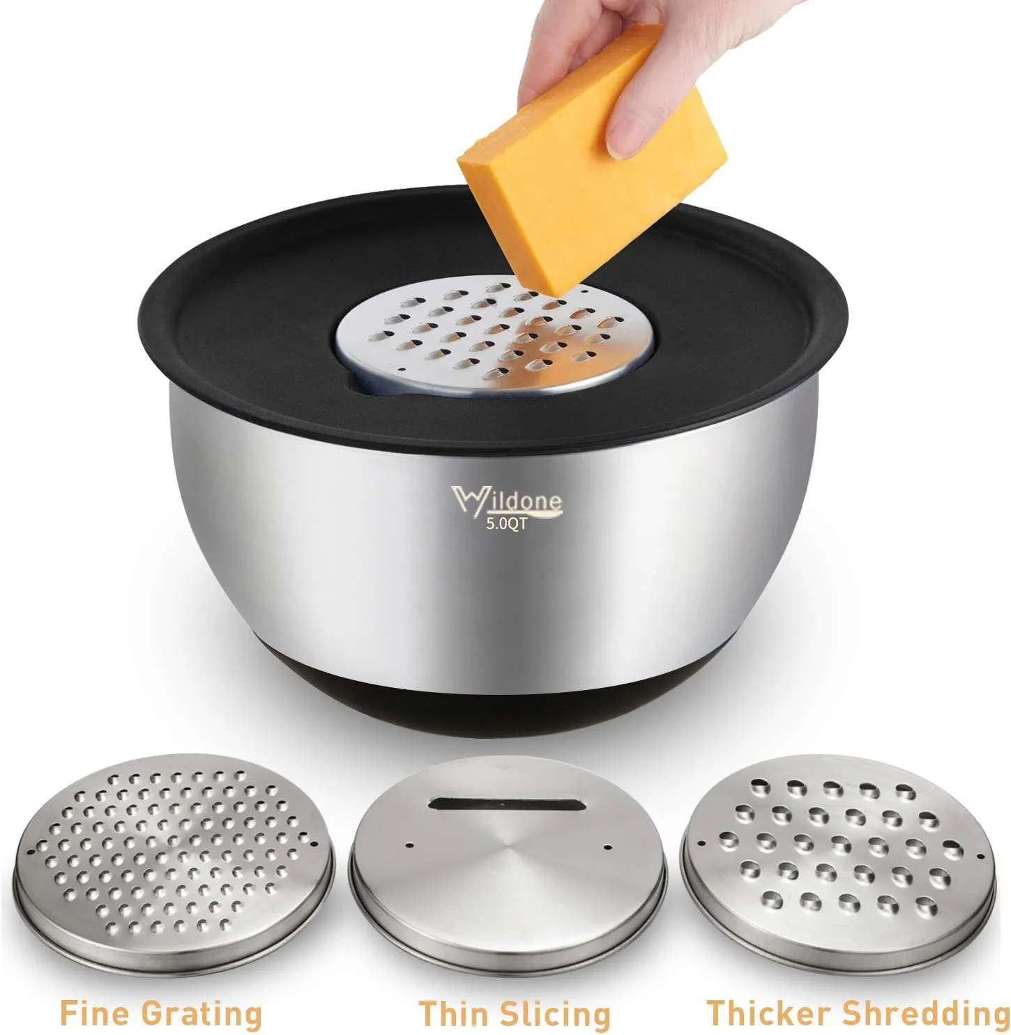 Wildone Mixing Bowls with Lids Set, 5PCS Stainless Steel Nesting Bowls with 3 Grater Attachments, Measurement Marks & Non-Slip Bottoms, Size 5, 3, 2, 1.5, 0.63 QT, Great for Mixing & Serving