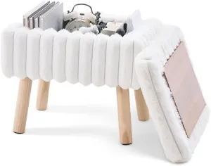 Wimarsbon Storage Ottoman, Soft Faux Fur Footstool with Padded Seat, Small Reading Vanity Chair, Footrest with Wood Tray for Couch, Mini Coffee Table or Display Stand (Cream, Rectangular)