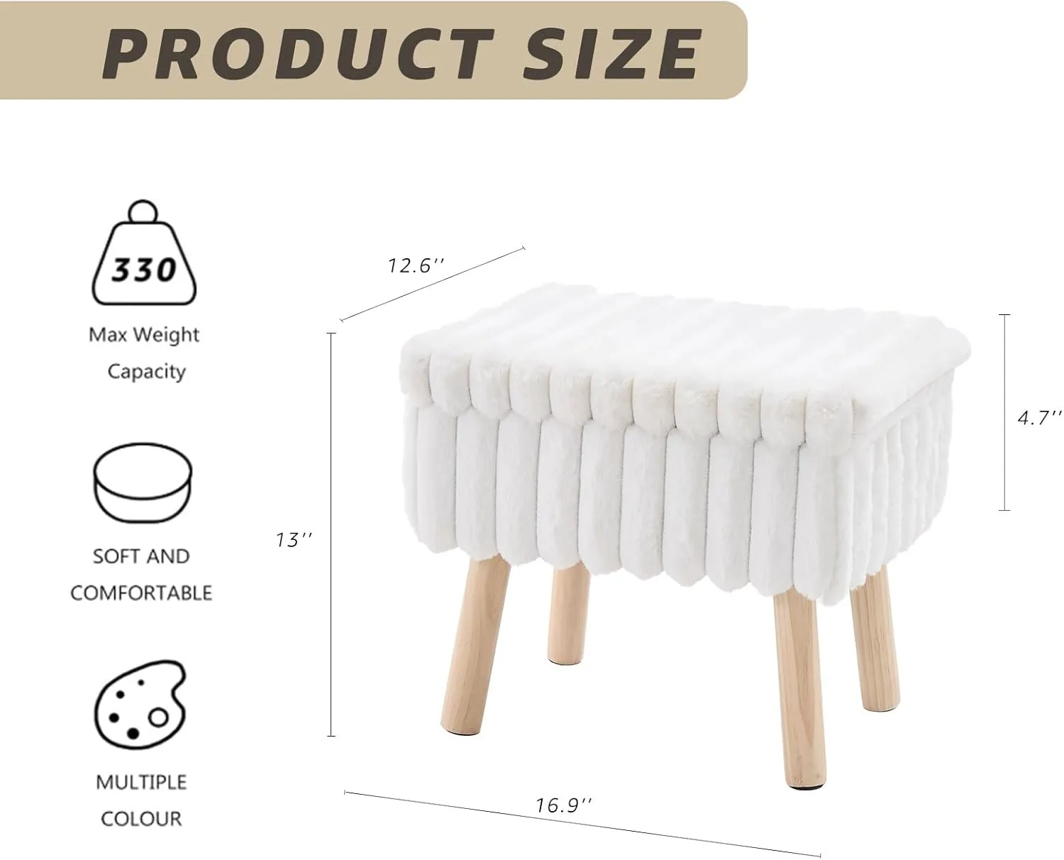 Wimarsbon Storage Ottoman, Soft Faux Fur Footstool with Padded Seat, Small Reading Vanity Chair, Footrest with Wood Tray for Couch, Mini Coffee Table or Display Stand (Cream, Rectangular)