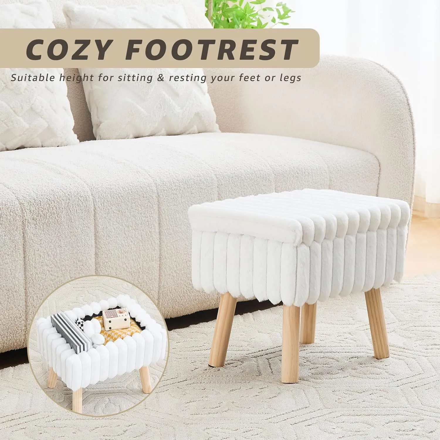 Wimarsbon Storage Ottoman, Soft Faux Fur Footstool with Padded Seat, Small Reading Vanity Chair, Footrest with Wood Tray for Couch, Mini Coffee Table or Display Stand (Cream, Rectangular)
