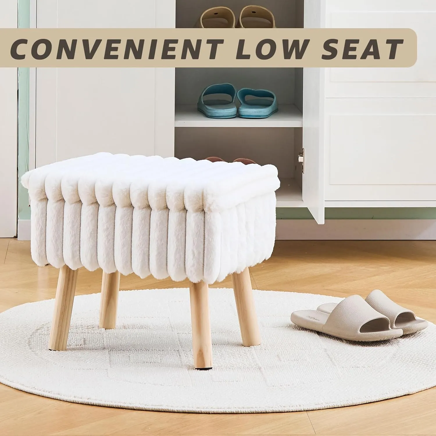 Wimarsbon Storage Ottoman, Soft Faux Fur Footstool with Padded Seat, Small Reading Vanity Chair, Footrest with Wood Tray for Couch, Mini Coffee Table or Display Stand (Cream, Rectangular)
