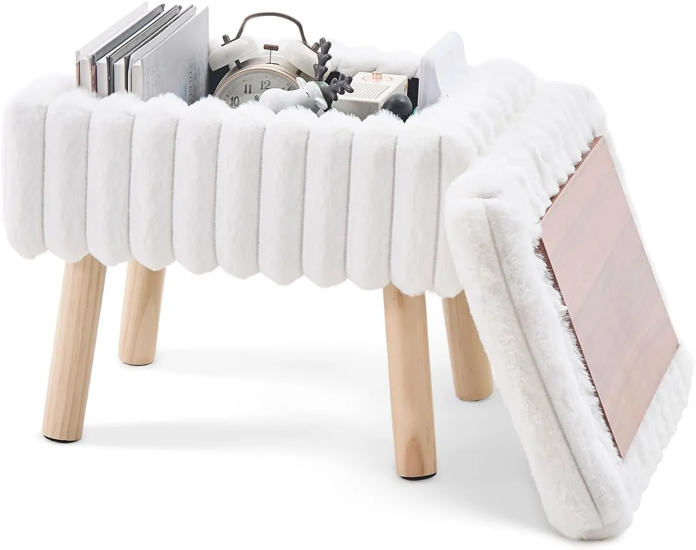 Wimarsbon Storage Ottoman, Soft Faux Fur Footstool with Padded Seat, Small Reading Vanity Chair, Footrest with Wood Tray for Couch, Mini Coffee Table or Display Stand (Cream, Rectangular)