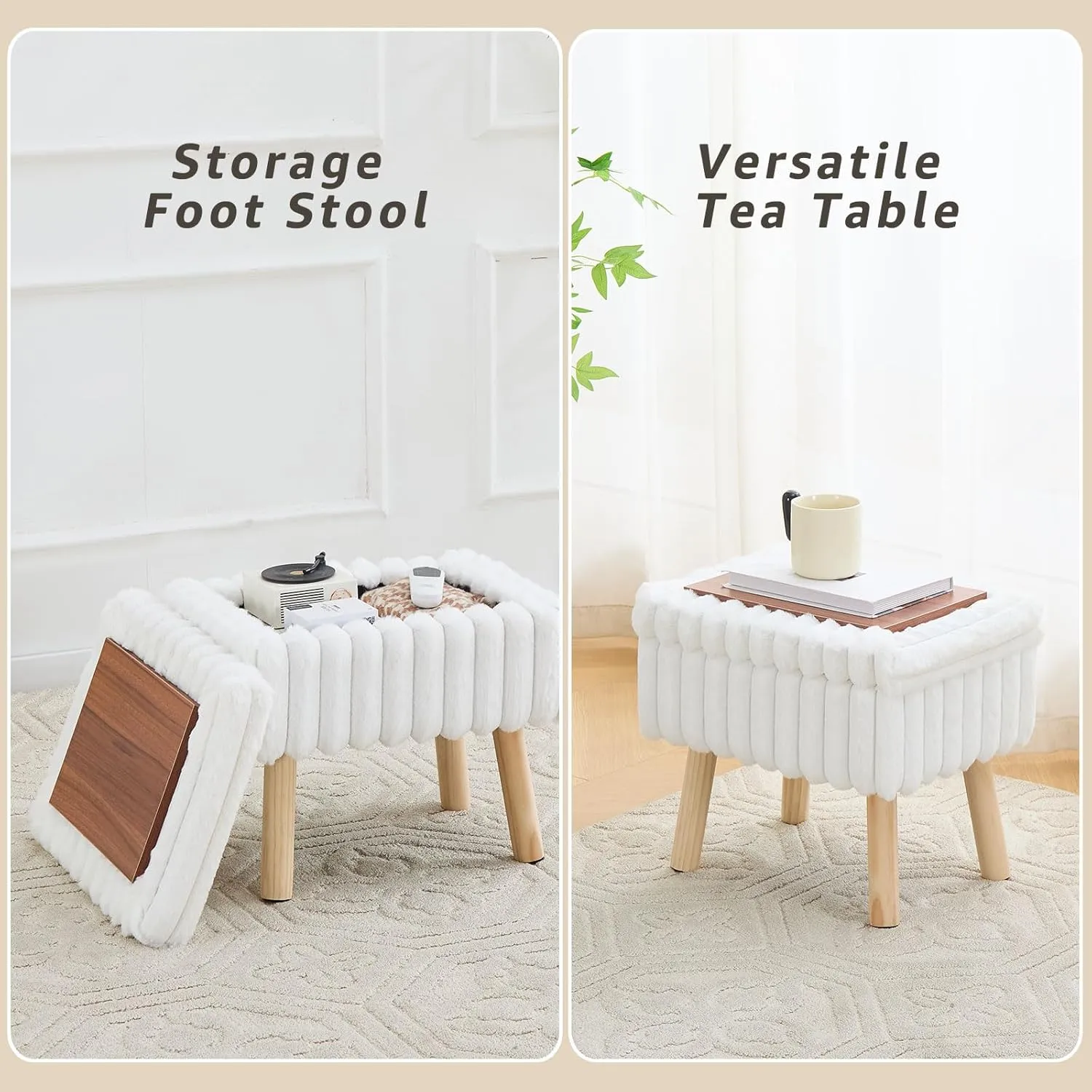 Wimarsbon Storage Ottoman, Soft Faux Fur Footstool with Padded Seat, Small Reading Vanity Chair, Footrest with Wood Tray for Couch, Mini Coffee Table or Display Stand (Cream, Rectangular)