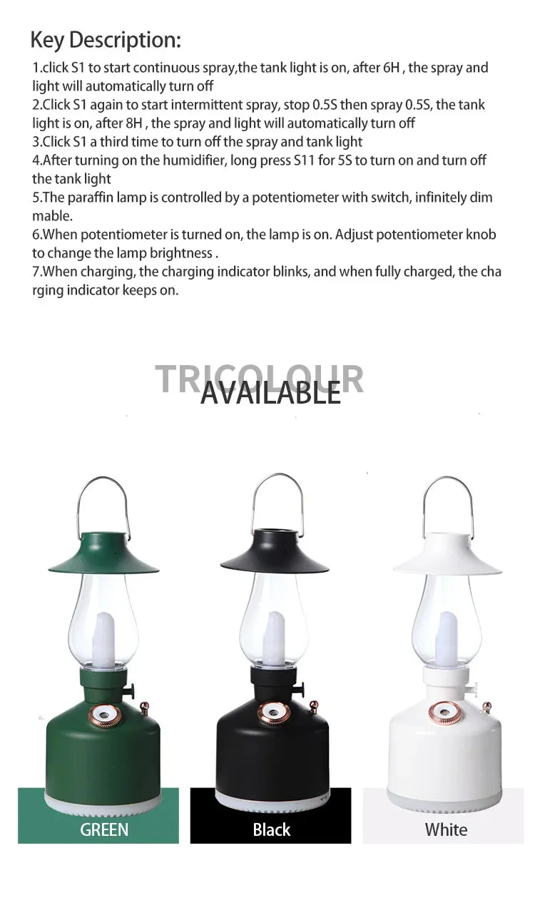 Wireless Air Humidifier & Camping Lamp – USB Rechargeable Aromatherapy Diffuser with LED Light