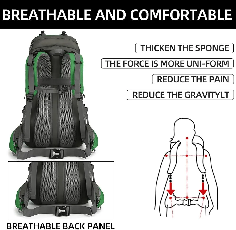 WIYPRQZ 60L Waterproof Hiking Camping Backpack with Rain Cover Camping Travel Bag for Climbing Fishing Men Women (Green)