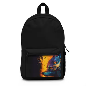 Wolf Design Black Backpack Vibrant Colorful Art Durable Lightweight School Travel Bag