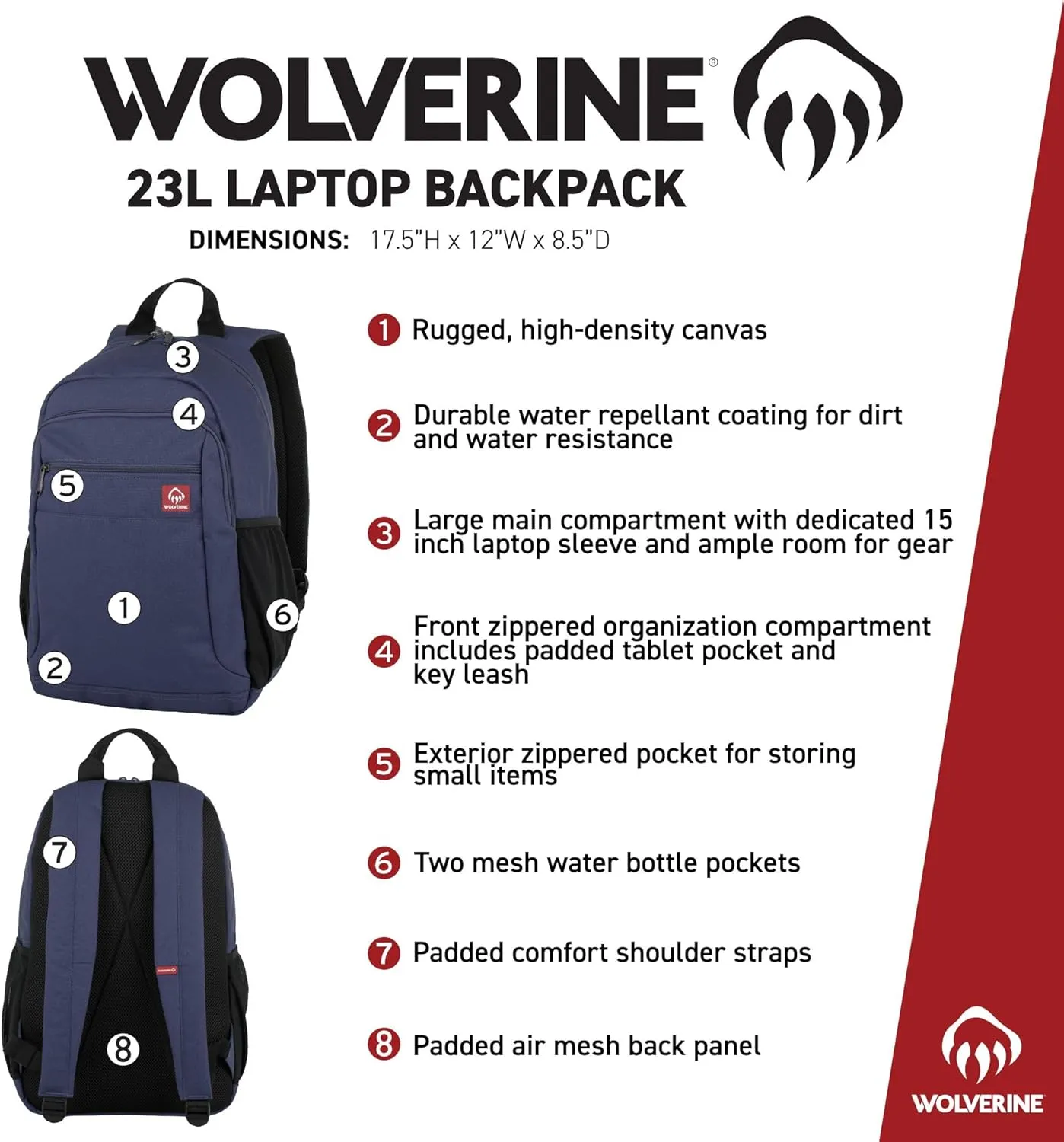 WOLVERINE Lightweight, Water Resistant Rugged Backpack for Travel or Work, Laptop-Navy, 23L