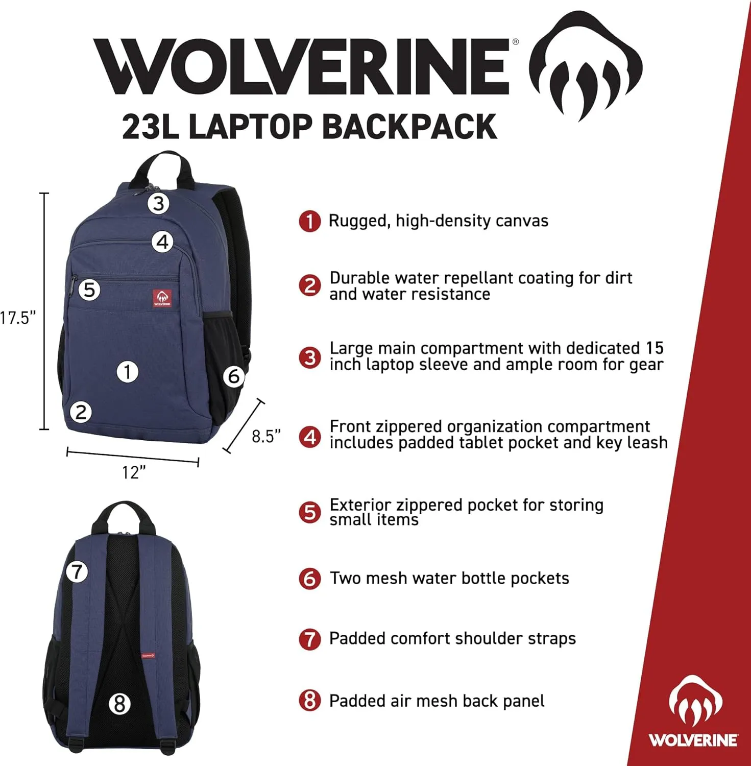 WOLVERINE Lightweight, Water Resistant Rugged Backpack for Travel or Work, Laptop-Navy, 23L