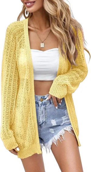 Women Crochet Lightweight Cardigan Cover Up Open Front Long Sleeve Summer Cardigans