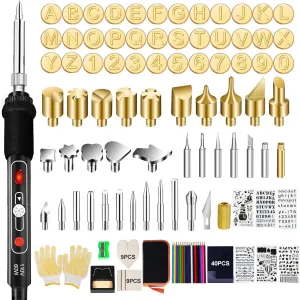 Wood Burning Kit, 163 Pcs Wood Burner Tool Kit with letters and numbers, Pyrography Pen with Adjustable Temperature Control Various Tips Stencils, Woodworking Leather Embossing Carving Soldering