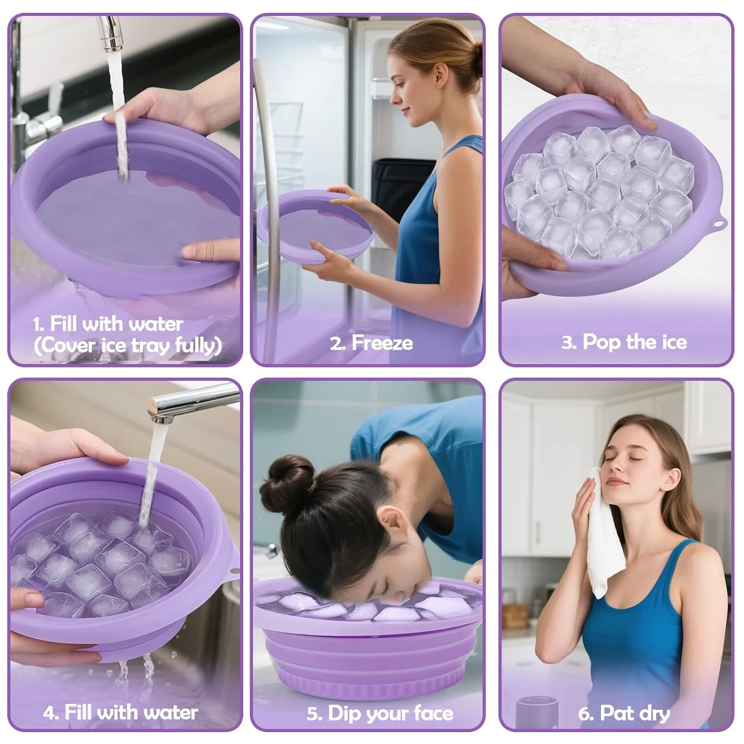 XANGNIER Face Bowl for Ice with Built-In Ice Tray – Collapsible Silicone Facial Ice Bath Bowl for Cold Plunge Therapy, Skin Tightening & Acne Relief – Purple Portable Spa Tool for Home & Travel