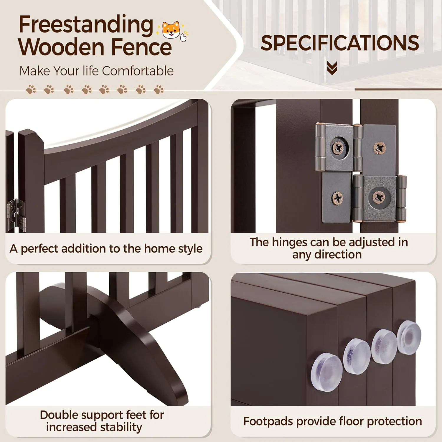 Yaheetech 36" H Extra Tall Freestanding Pet Gate 4-Panel Wooden Dog Fence with 2 Support Feet Folding Dog Gate for Indoor, Stairs, Doorway, Halls, Kitchen Wooden Pet Barrier Espresso, 79.5" L x 36" H
