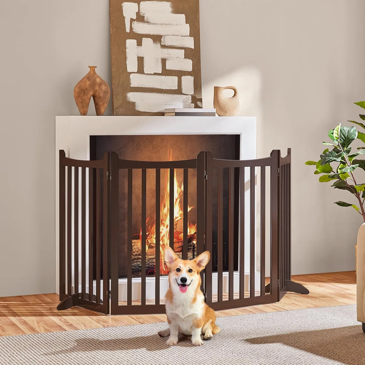Yaheetech 36" H Extra Tall Freestanding Pet Gate 4-Panel Wooden Dog Fence with 2 Support Feet Folding Dog Gate for Indoor, Stairs, Doorway, Halls, Kitchen Wooden Pet Barrier Espresso, 79.5" L x 36" H