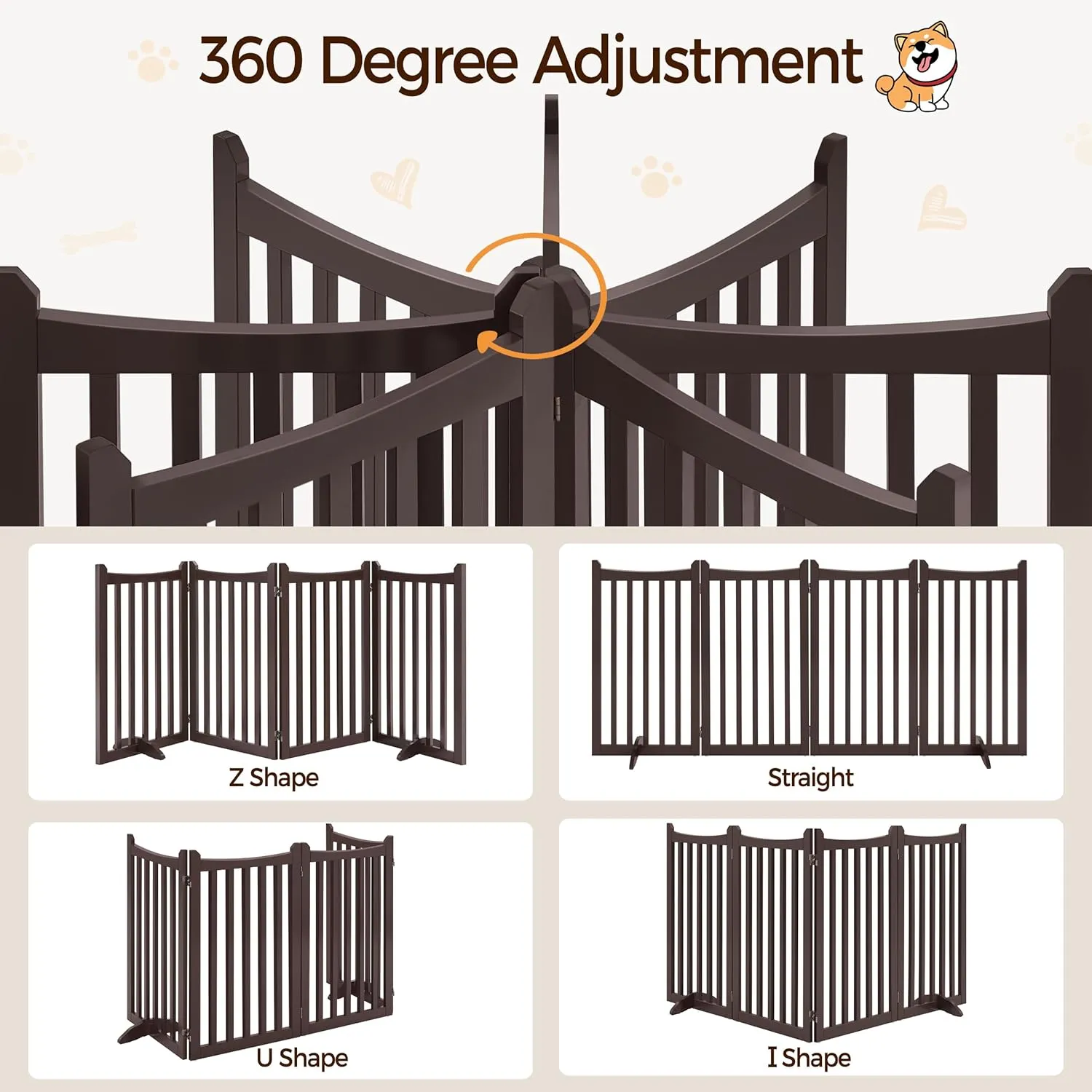 Yaheetech 36" H Extra Tall Freestanding Pet Gate 4-Panel Wooden Dog Fence with 2 Support Feet Folding Dog Gate for Indoor, Stairs, Doorway, Halls, Kitchen Wooden Pet Barrier Espresso, 79.5" L x 36" H