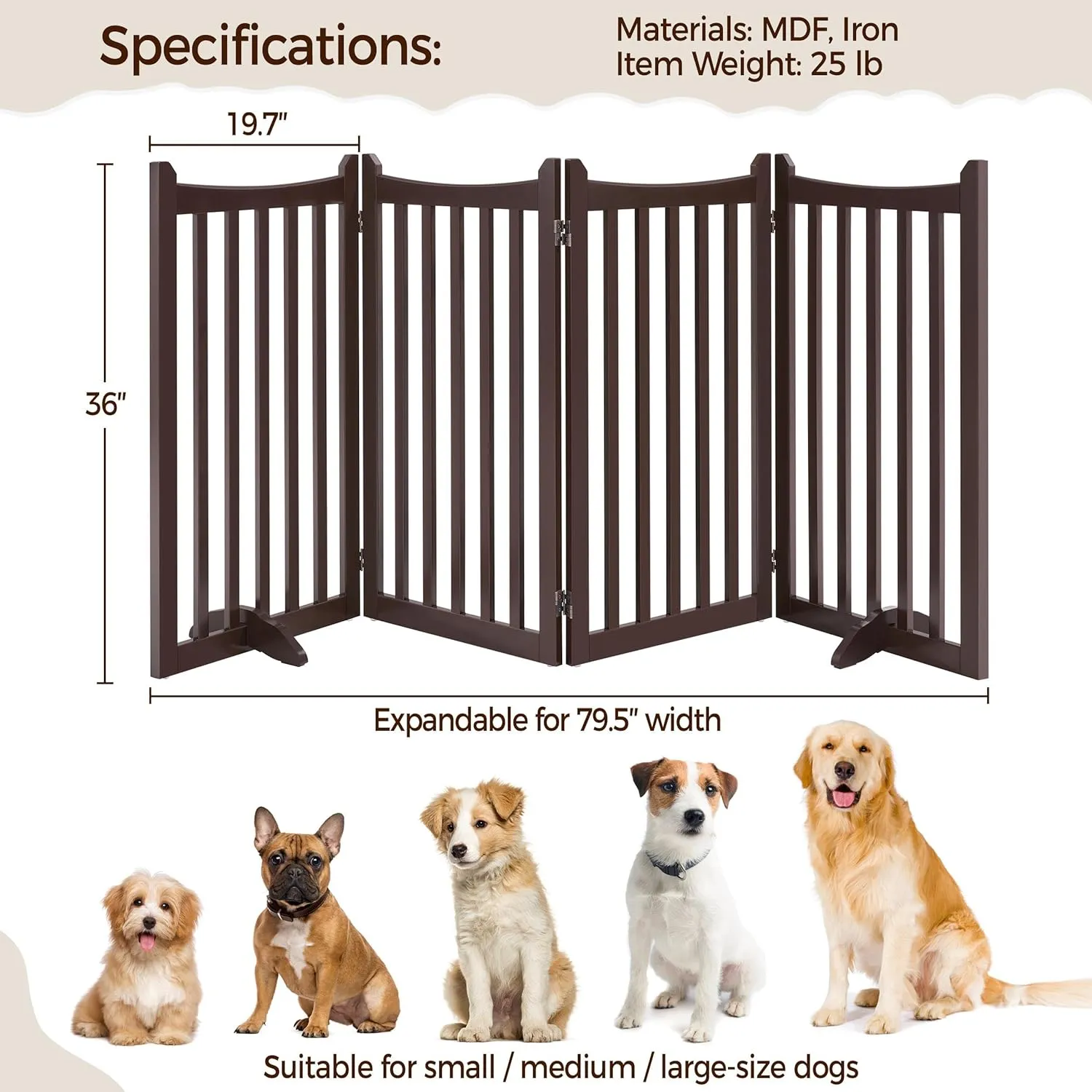 Yaheetech 36" H Extra Tall Freestanding Pet Gate 4-Panel Wooden Dog Fence with 2 Support Feet Folding Dog Gate for Indoor, Stairs, Doorway, Halls, Kitchen Wooden Pet Barrier Espresso, 79.5" L x 36" H