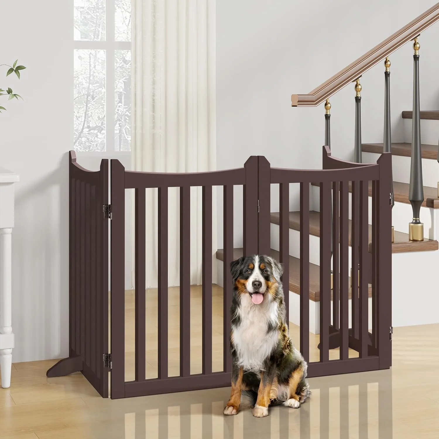 Yaheetech 36" H Extra Tall Freestanding Pet Gate 4-Panel Wooden Dog Fence with 2 Support Feet Folding Dog Gate for Indoor, Stairs, Doorway, Halls, Kitchen Wooden Pet Barrier Espresso, 79.5" L x 36" H