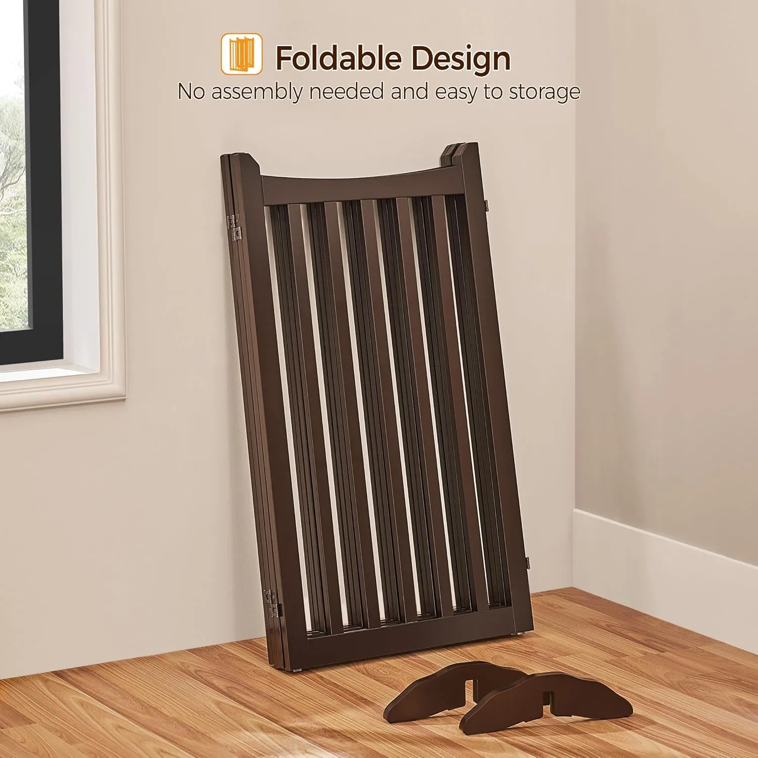 Yaheetech 36" H Extra Tall Freestanding Pet Gate 4-Panel Wooden Dog Fence with 2 Support Feet Folding Dog Gate for Indoor, Stairs, Doorway, Halls, Kitchen Wooden Pet Barrier Espresso, 79.5" L x 36" H