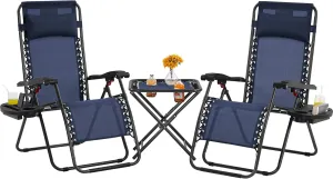 Yaheetech 3PCS Zero Gravity Recliner Portable Outdoor Reclining Chair Set w/Side Table Folding Chaise Lounge Chairs for Patio Beach Deck Garden Pool Navy Blue
