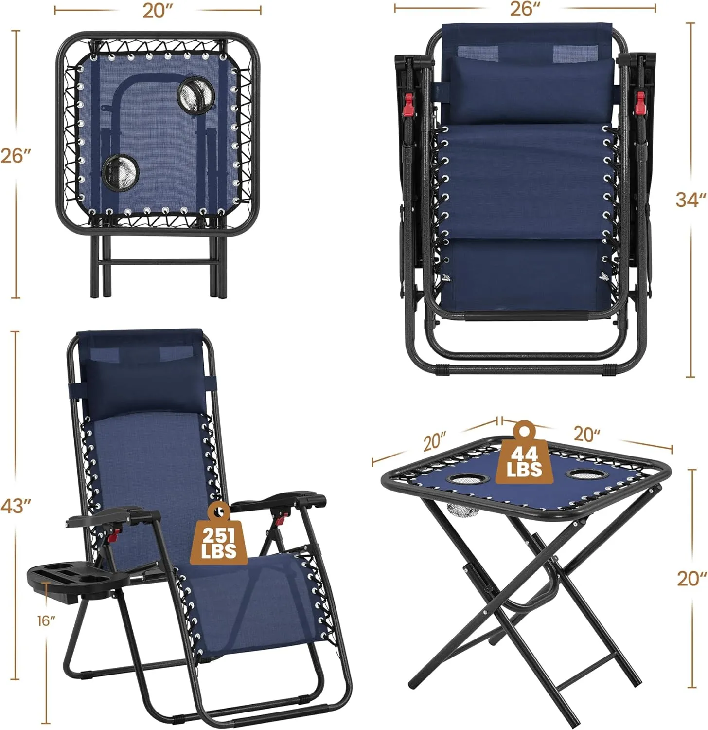 Yaheetech 3PCS Zero Gravity Recliner Portable Outdoor Reclining Chair Set w/Side Table Folding Chaise Lounge Chairs for Patio Beach Deck Garden Pool Navy Blue