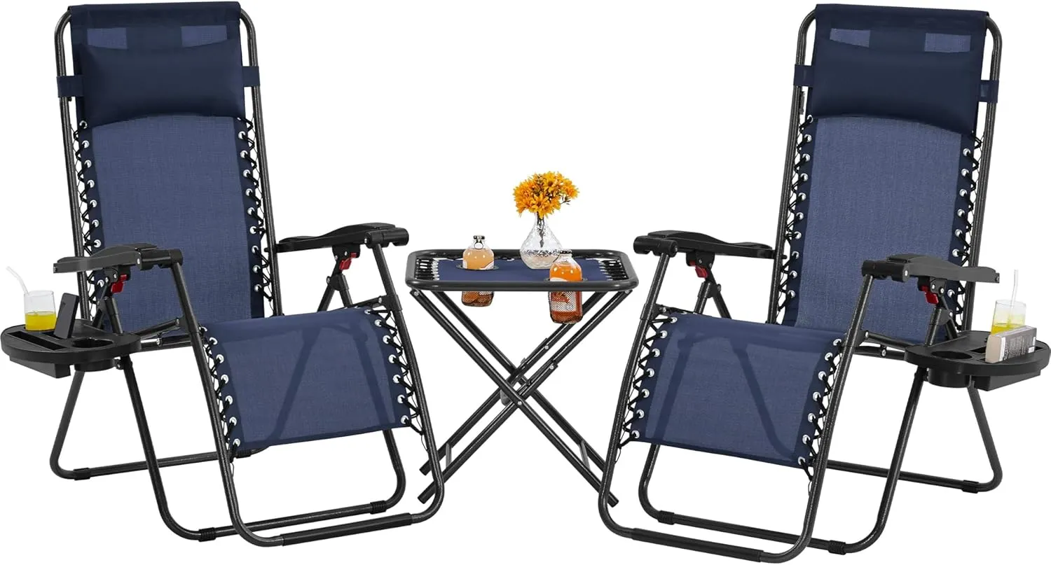 Yaheetech 3PCS Zero Gravity Recliner Portable Outdoor Reclining Chair Set w/Side Table Folding Chaise Lounge Chairs for Patio Beach Deck Garden Pool Navy Blue