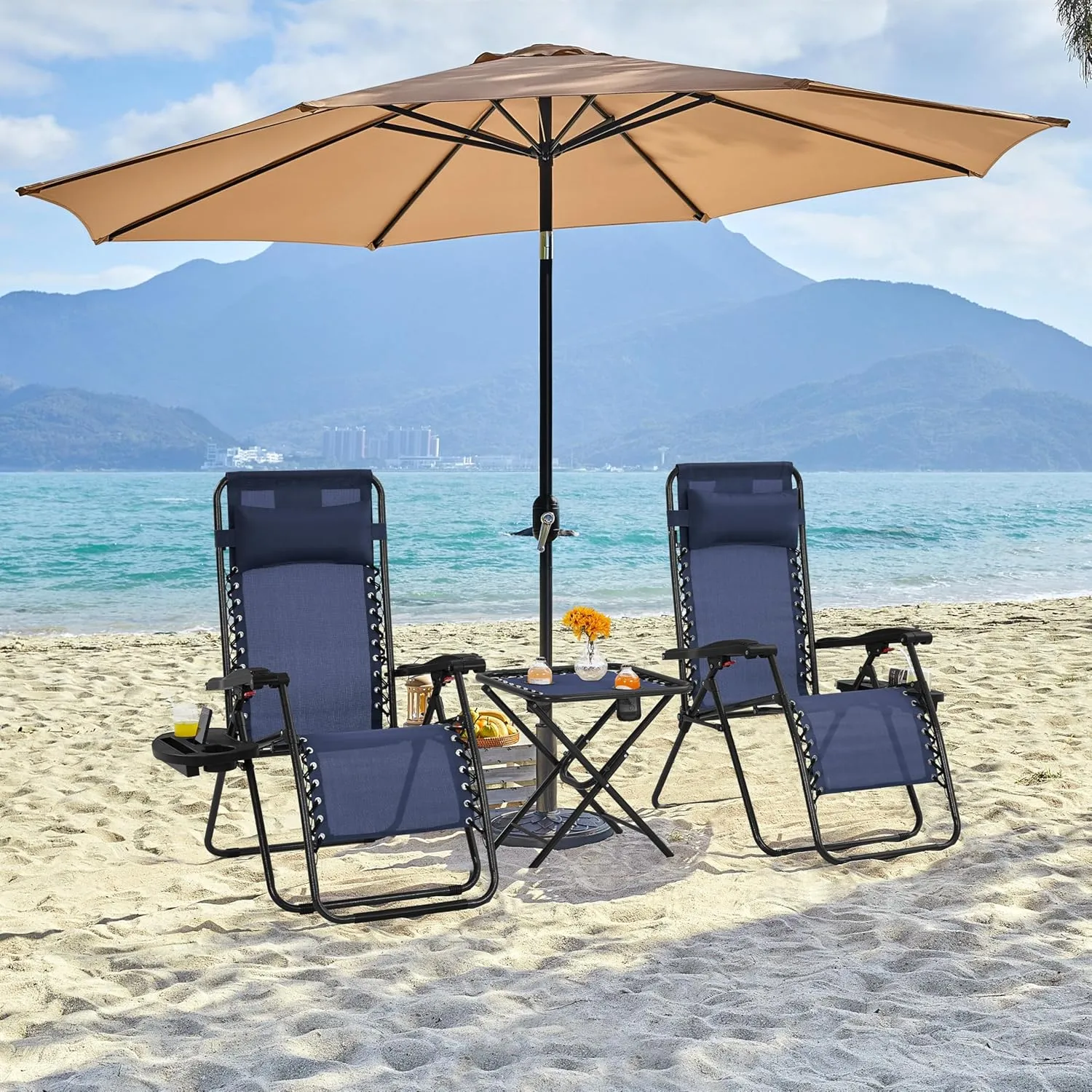 Yaheetech 3PCS Zero Gravity Recliner Portable Outdoor Reclining Chair Set w/Side Table Folding Chaise Lounge Chairs for Patio Beach Deck Garden Pool Navy Blue