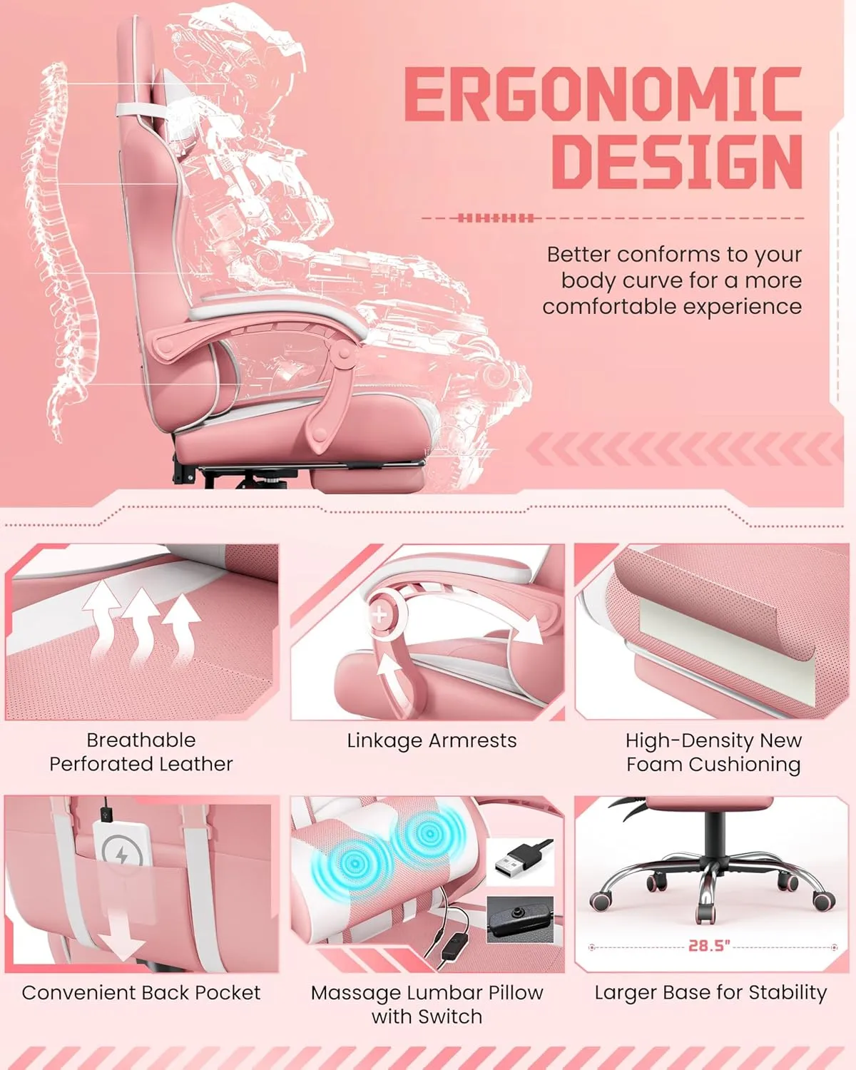 Yaheetech Gaming Chair, Video Game Chair with Massage Lumbar Support and Footrest Height Adjustable Ergonomic Computer Chair with Swivel Seat and Headrest, Pink/White