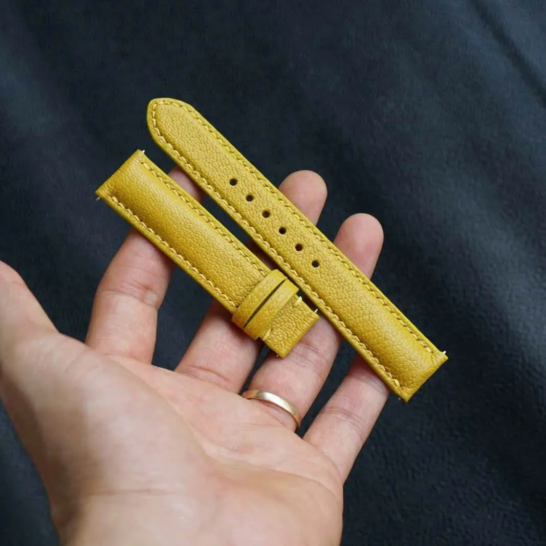 Yellow Goat leather watch band, High Quality Alran Chevre Sully leather watch strap (17mm, Steel Folding Clasp)