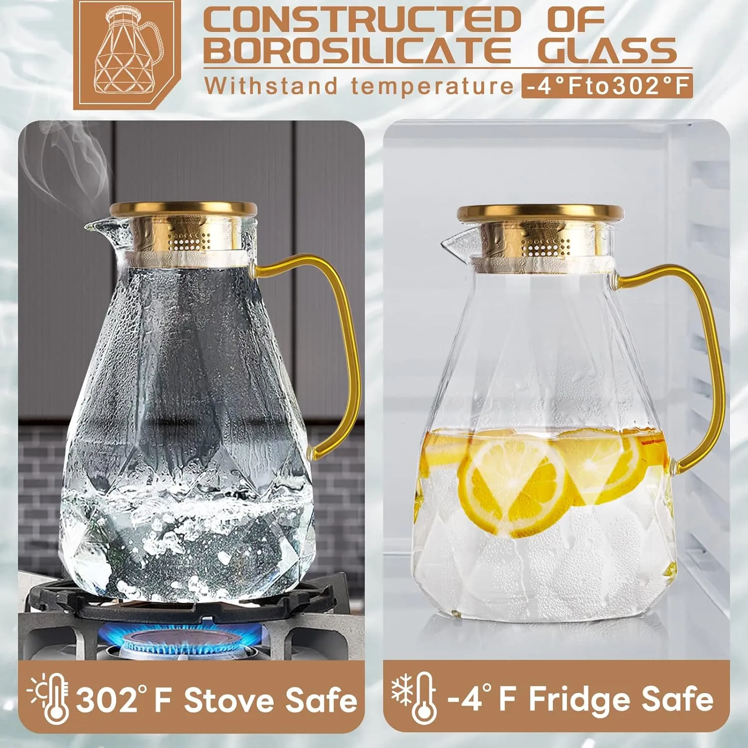 Yirilan Glass Pitcher,74oz/2.2 Liter Water Pitcher with Lid,Beverage Serveware,Iced Tea Pitcher,Water Carafe Handle,Heat Resistant Borosilicate Jug（with Mixing Spoon and Cup Brush）