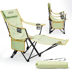 YOUNG WOOD Camping Lounge Chair, Portable Reclining Camping Chair with Foot Rest, Folding Camping Chair for Adults, Headrest & Storage Bag, Mesh Recliner with Backpack, 330lbs Weight Capacity，Green