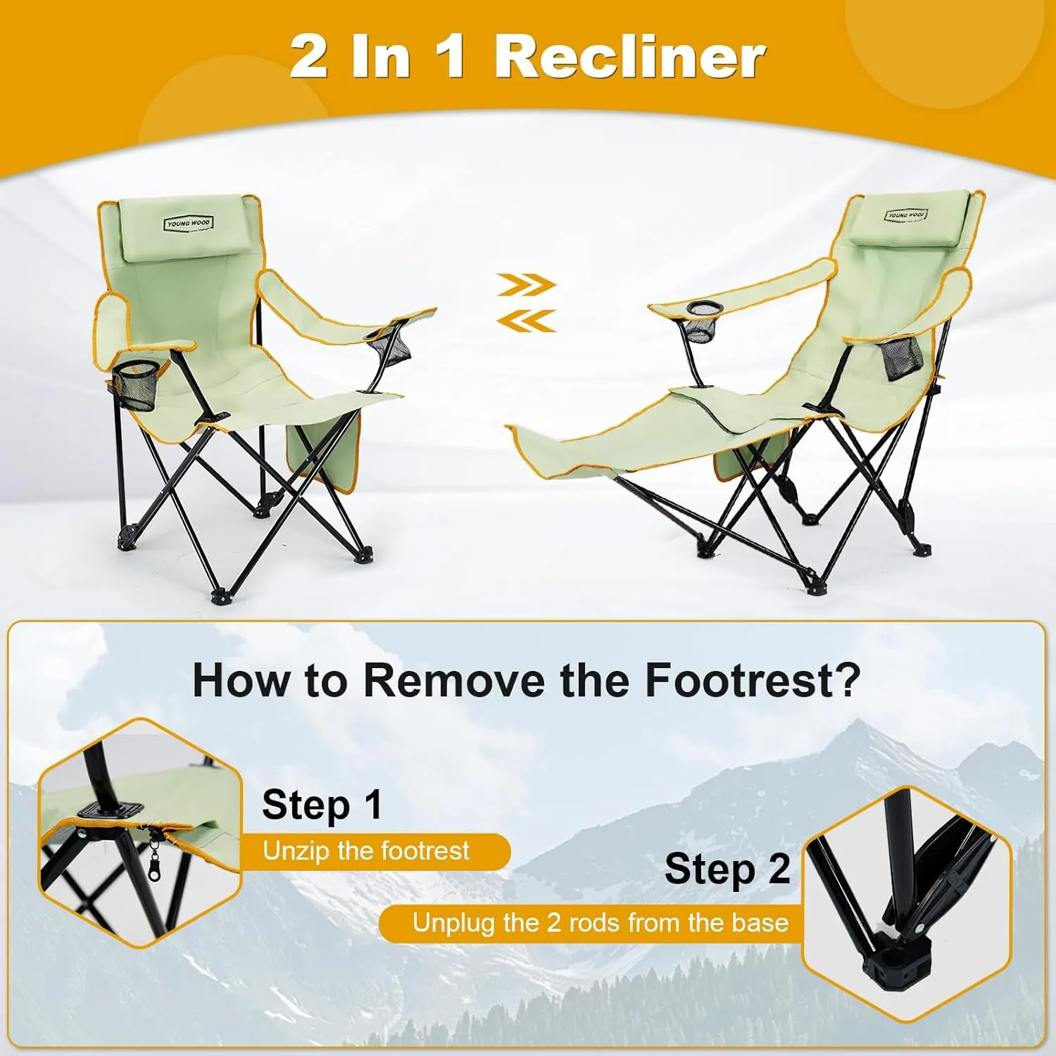 YOUNG WOOD Camping Lounge Chair, Portable Reclining Camping Chair with Foot Rest, Folding Camping Chair for Adults, Headrest & Storage Bag, Mesh Recliner with Backpack, 330lbs Weight Capacity，Green