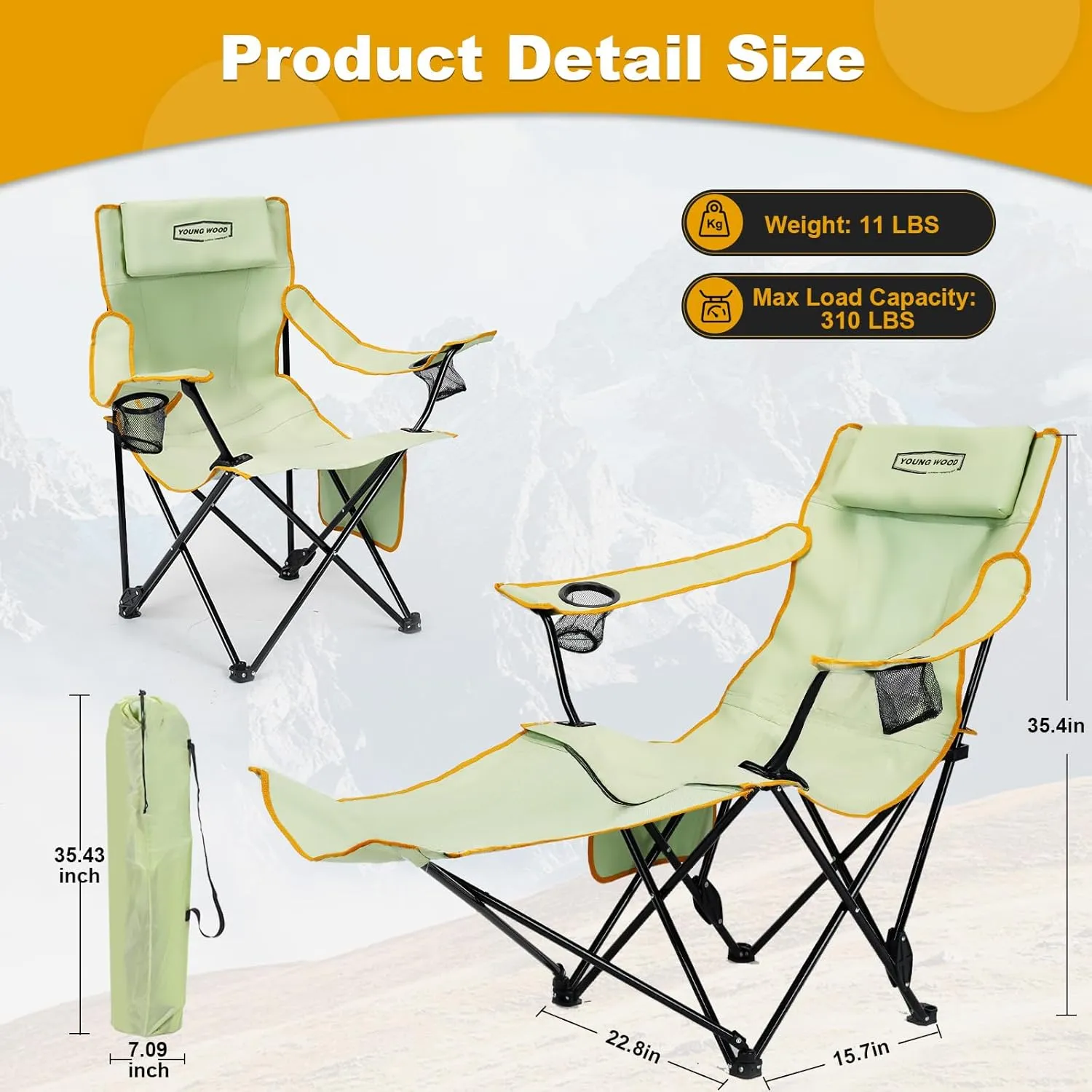 YOUNG WOOD Camping Lounge Chair, Portable Reclining Camping Chair with Foot Rest, Folding Camping Chair for Adults, Headrest & Storage Bag, Mesh Recliner with Backpack, 330lbs Weight Capacity，Green