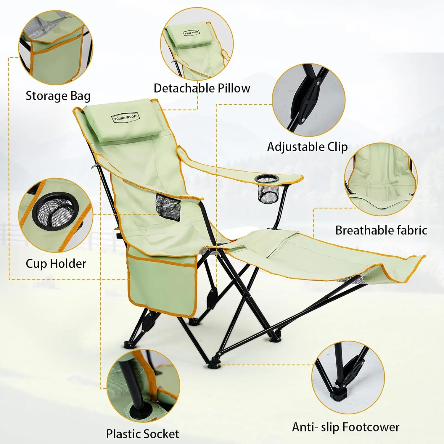 YOUNG WOOD Camping Lounge Chair, Portable Reclining Camping Chair with Foot Rest, Folding Camping Chair for Adults, Headrest & Storage Bag, Mesh Recliner with Backpack, 330lbs Weight Capacity，Green