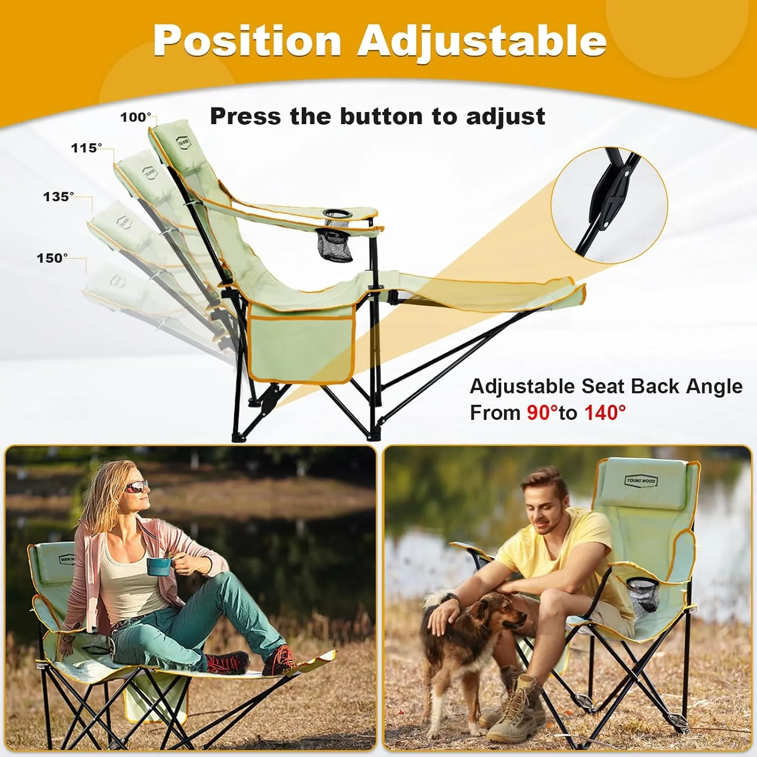 YOUNG WOOD Camping Lounge Chair, Portable Reclining Camping Chair with Foot Rest, Folding Camping Chair for Adults, Headrest & Storage Bag, Mesh Recliner with Backpack, 330lbs Weight Capacity，Green