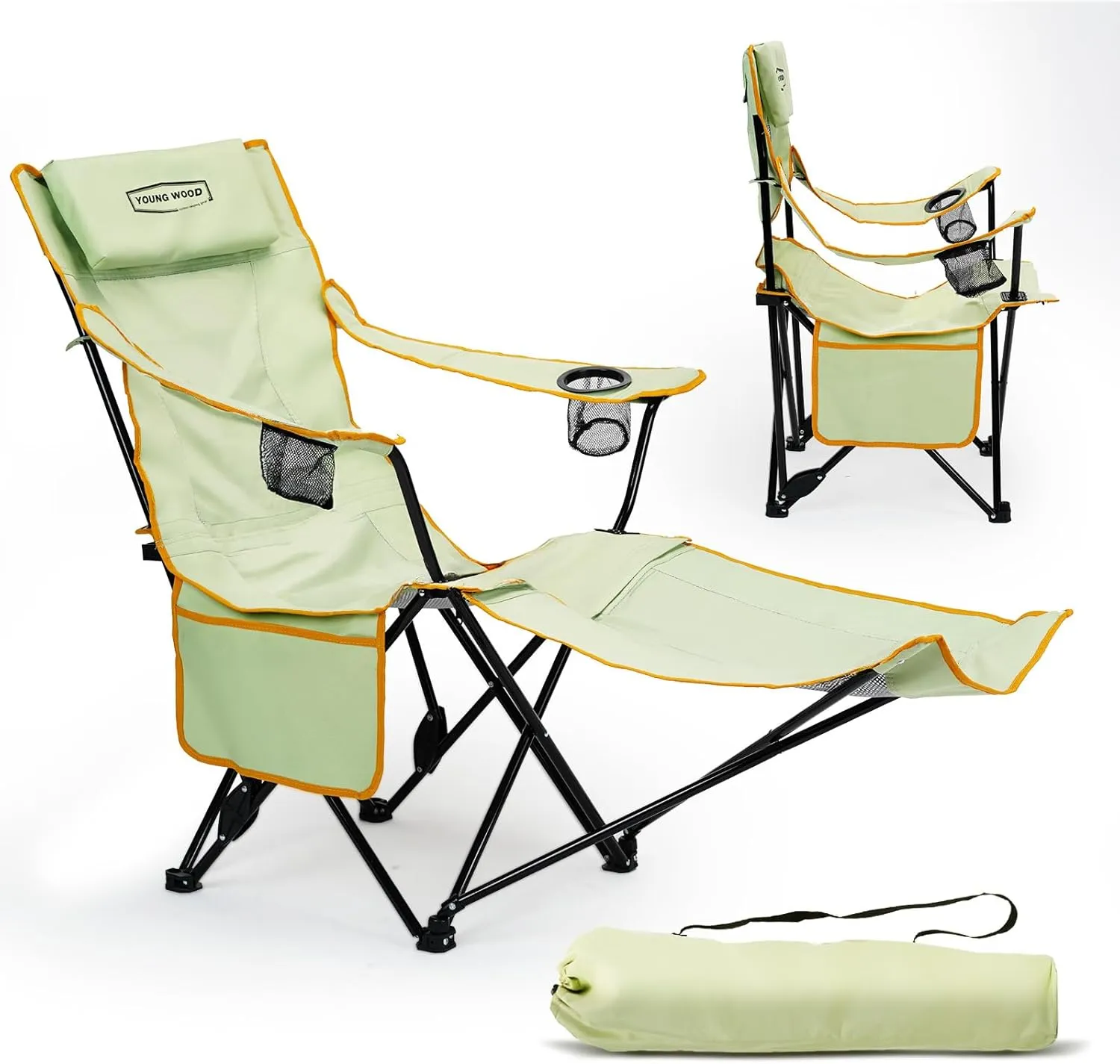 YOUNG WOOD Camping Lounge Chair, Portable Reclining Camping Chair with Foot Rest, Folding Camping Chair for Adults, Headrest & Storage Bag, Mesh Recliner with Backpack, 330lbs Weight Capacity，Green