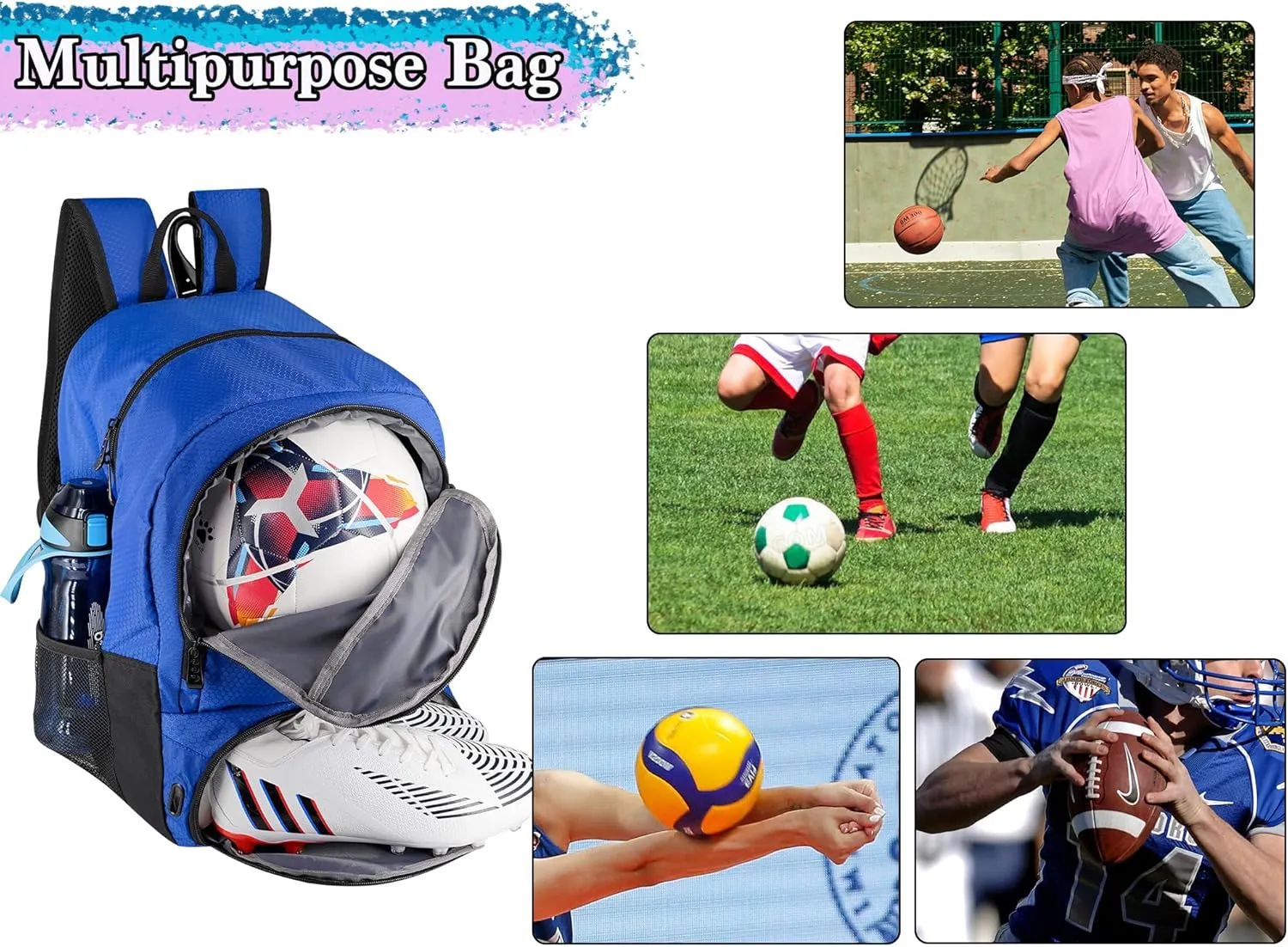 Youth Soccer Bag, Soccer Backpack for Football Volleyball Basketball, Backpack with Ball Compartment and Ball Holder