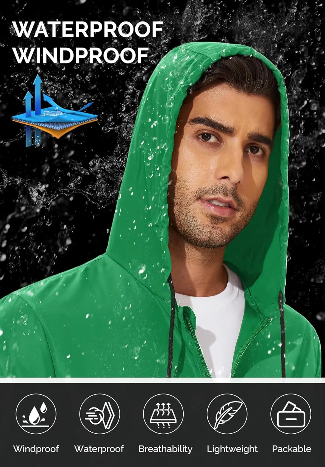 Zando Packable Mens Rain Jacket Lightweight Raincoat Waterproof with Hood Outdoor Windbreaker Jacket Travel Rain Jackets