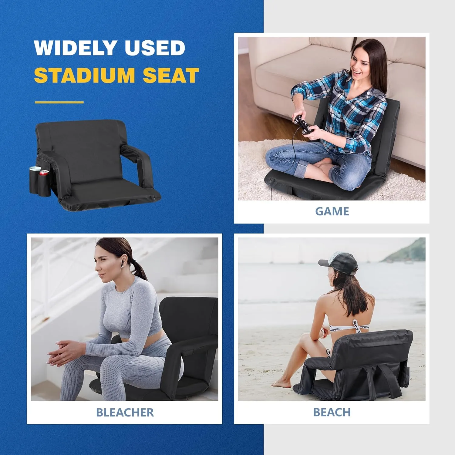 ZENY Folding Stadium Seat Chair with Back Support and Cushion for Bleachers 2 Pack, Reclining Bleacher Seat with Back, Armrests and Cup Holders