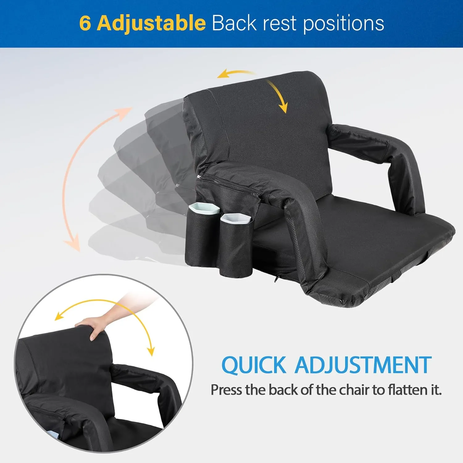ZENY Folding Stadium Seat Chair with Back Support and Cushion for Bleachers 2 Pack, Reclining Bleacher Seat with Back, Armrests and Cup Holders