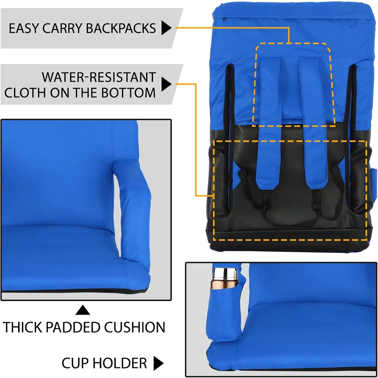 ZENY Folding Stadium Seat with Back Support, 20.5'' / 25'' Reclining Bleacher Seat Chairs with Back and Cushion, Portable Sport Events Stadium Chairs with Backrest