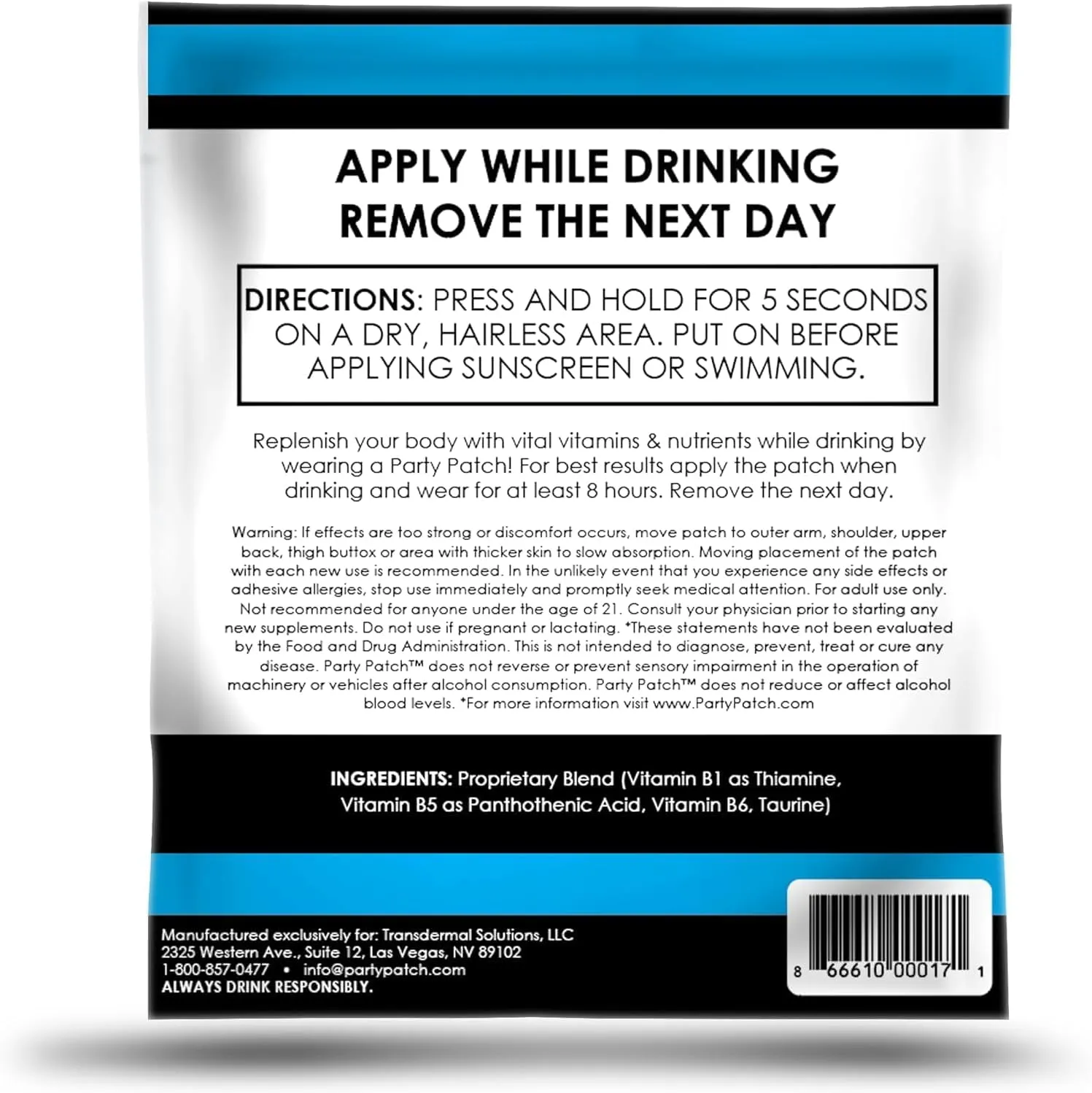 Zero Calories, Water-Resistant Recovery Patch for Parties and Nights Out - 5 Pack