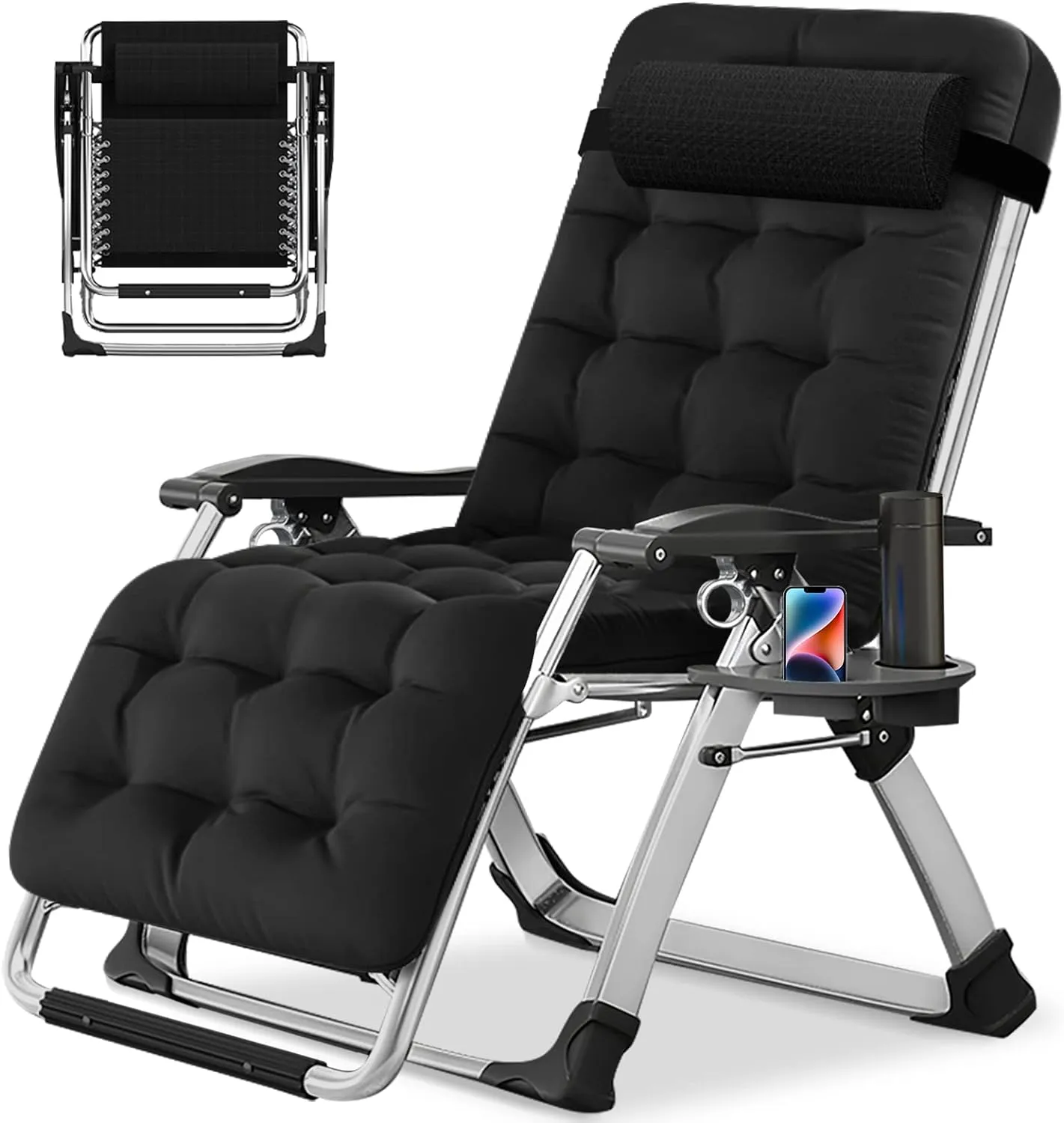 Zero Gravity Chair, Adjustable Reclining Lounge Chair with Removable Cushion & Headrest, Folding Recliner for Indoor & Outdoor, Black Pearl Cotton Pad