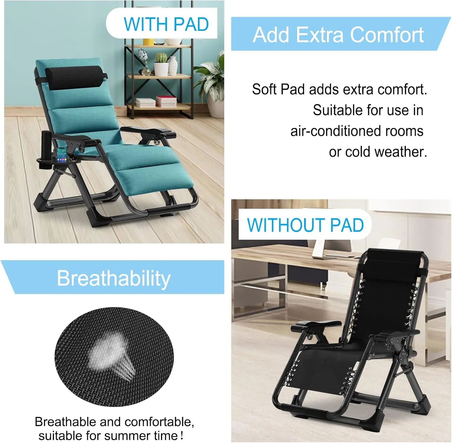 Zero Gravity Chair, Lawn Recliner, Reclining Patio Lounger Chair, Folding Portable Chaise with Detachable Headrest and Cup Holder