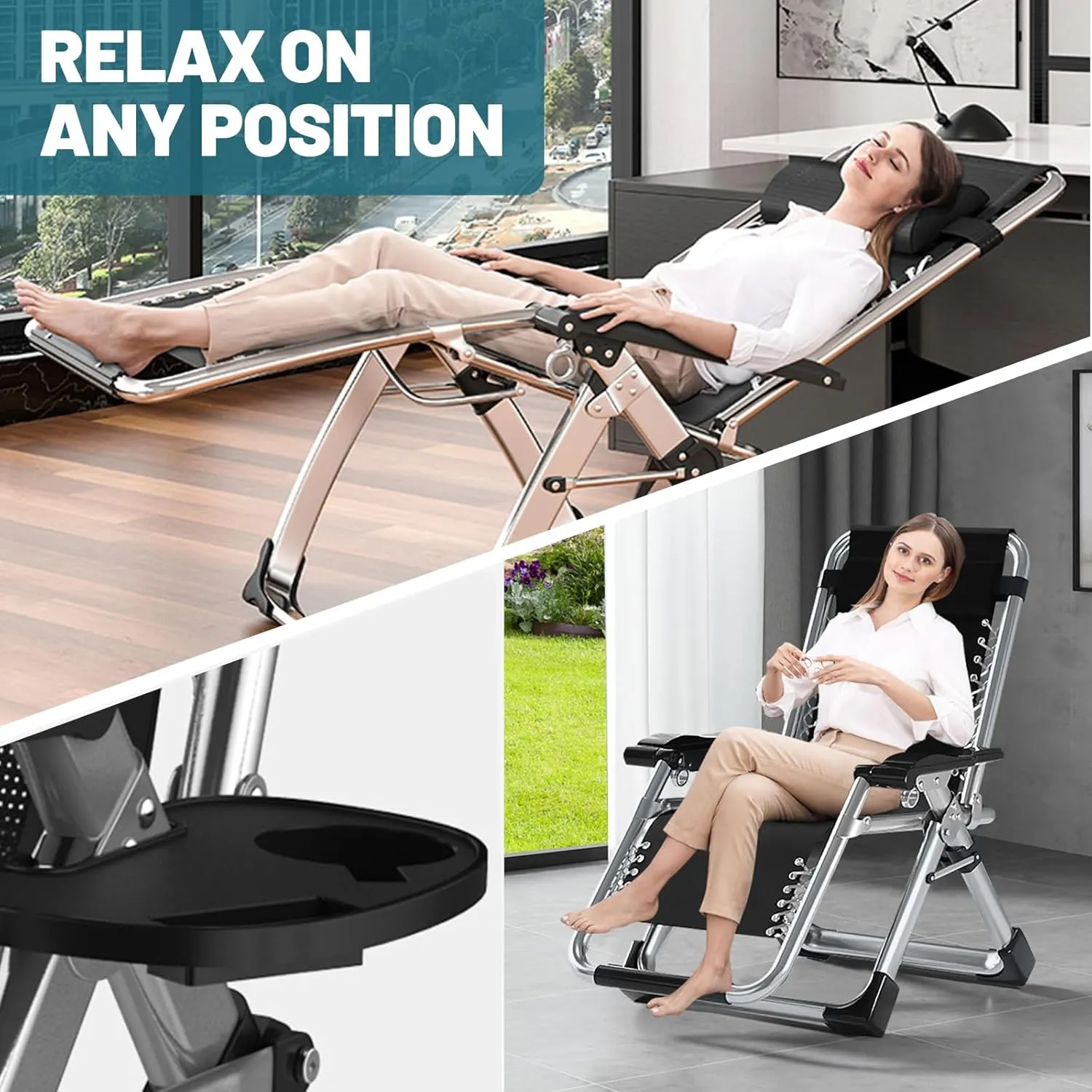 Zero Gravity Chair, Lawn Recliner, Reclining Patio Lounger Chair, Folding Portable Chaise with Detachable Headrest and Cup Holder