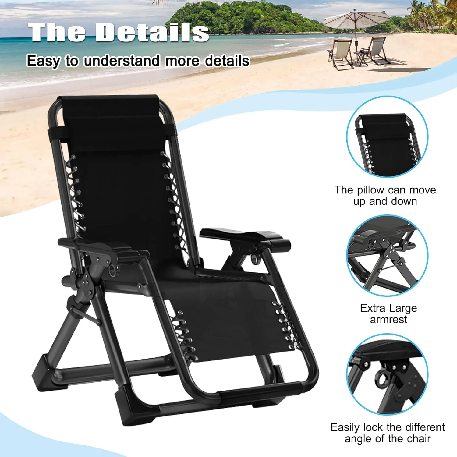 Zero Gravity Chair, Lawn Recliner, Reclining Patio Lounger Chair, Folding Portable Chaise with Detachable Headrest and Cup Holder