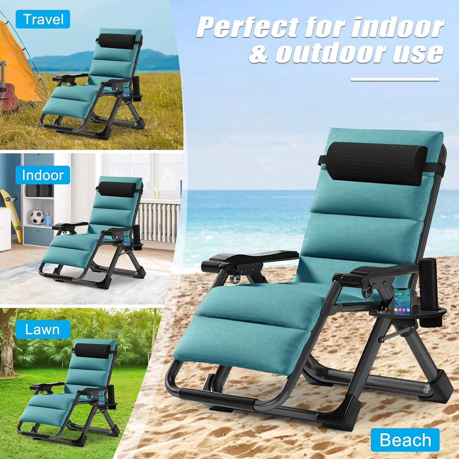 Zero Gravity Chair, Lawn Recliner, Reclining Patio Lounger Chair, Folding Portable Chaise with Detachable Headrest and Cup Holder