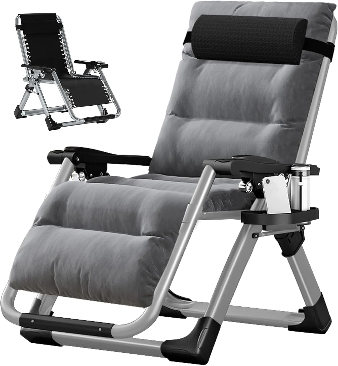 Zero Gravity Chair, Lawn Recliner, Reclining Patio Lounger Chair, Folding Portable Chaise with Detachable Soft Cushion, Cup Holder, Headrest