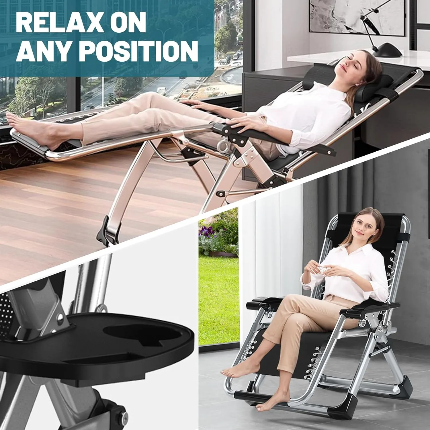 Zero Gravity Chair, Lawn Recliner, Reclining Patio Lounger Chair, Folding Portable Chaise with Detachable Soft Cushion, Cup Holder, Headrest
