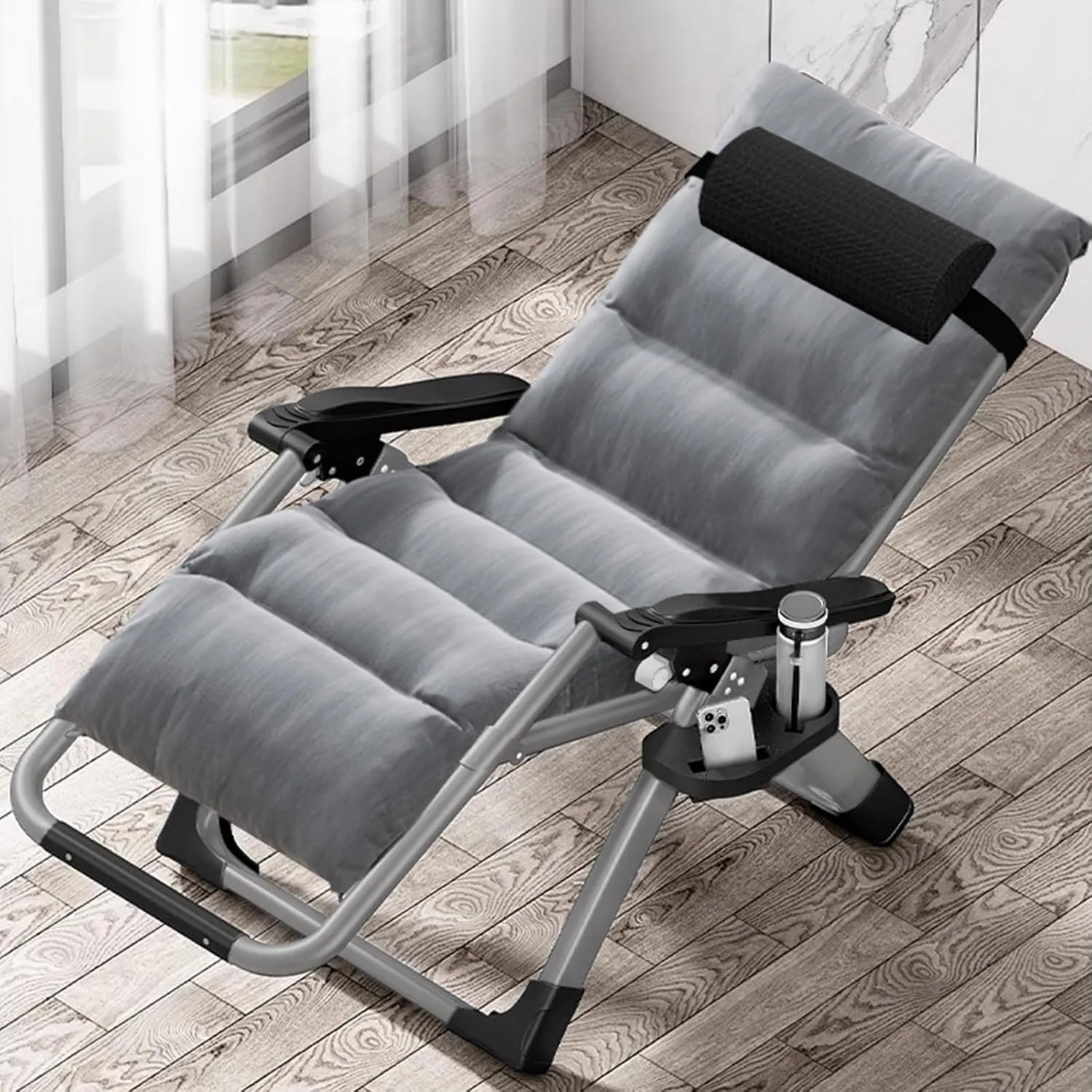 Zero Gravity Chair, Lawn Recliner, Reclining Patio Lounger Chair, Folding Portable Chaise with Detachable Soft Cushion, Cup Holder, Headrest