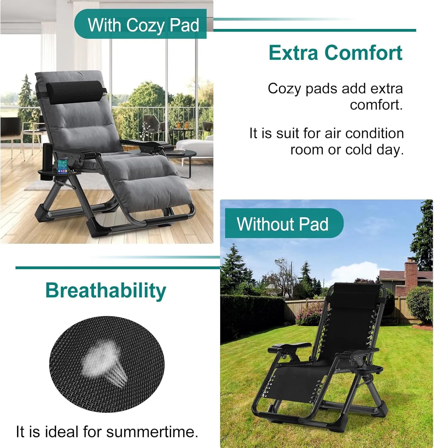 Zero Gravity Chair, Lawn Recliner, Reclining Patio Lounger Chair, Folding Portable Chaise with Detachable Soft Cushion, Cup Holder, Headrest